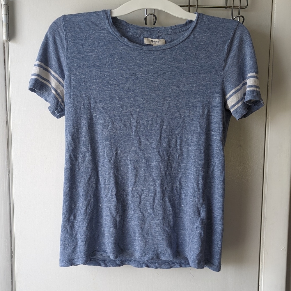 Heather Blue Short Sleeve Tee with Striped Sleeves